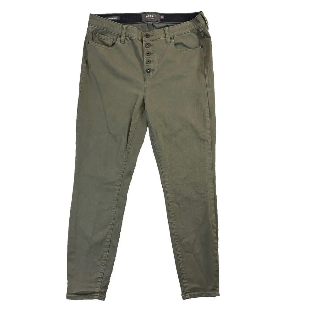 Torrid Jeans Womens 14R Olive Green Sky High Skinny Button Fly Stretch Regular